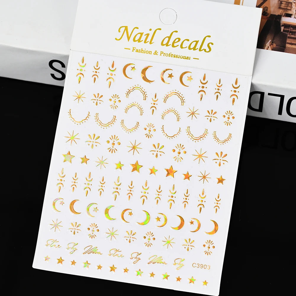 Vergoldete Stern und Mond Bronzing Nail Art Aufkleber hochwertige 3D Gold/Silber selbst klebende Slider DIY Nagel Aufkleber Dekoration 8*10cm