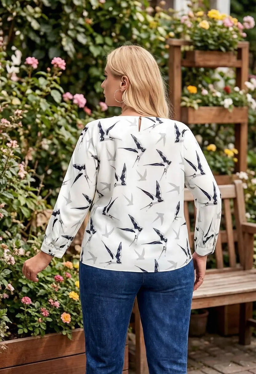 Damen-Bluse mit Vogelmuster, Chiffon-Oberteil, 3/4-Ärmel, Rundhalsausschnitt, lässiges, locker sitzendes Sommerhemd