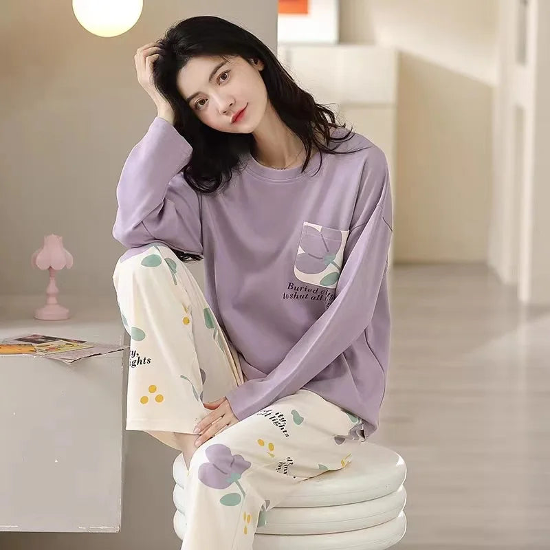 Damen-Pyjama im neuen Frühlings- und Herbststil, künstlerischer Langarm-Pullover in Übergröße, Cartoon-, Herbst- und Winter-dünne Homewear