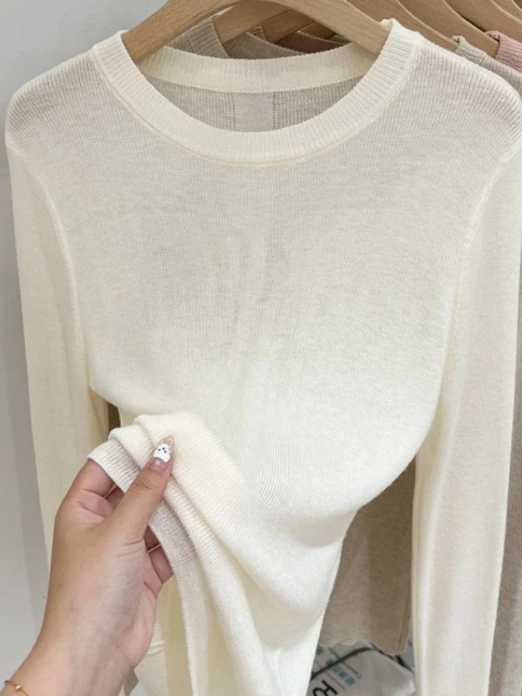 Frühling Grundlegende Oansatz Dünnes T-Shirt Frauen Solide Multi Farbe Alle-Spiel Trend Casual Top Schraube Stricken Langarm Elastische büro Dame