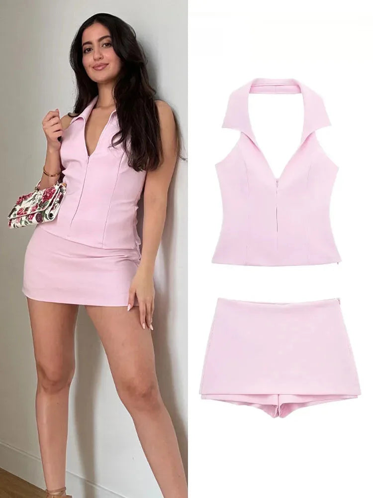 HH Damen Rosa 2-teiliges Set Sexy V-Ausschnitt ärmellos rückenfrei Hosenträger Reißverschluss Top + hohe Taille Gesäßtasche Miniröcke Shorts Y2K