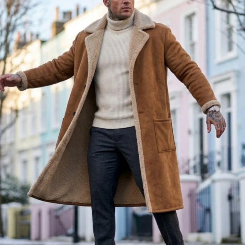 2026 Winter Langer Mantel: Neuer Streetwear-Freizeitmantel aus Fleece, Übergröße, Herren Winddichte Wildlederjacke