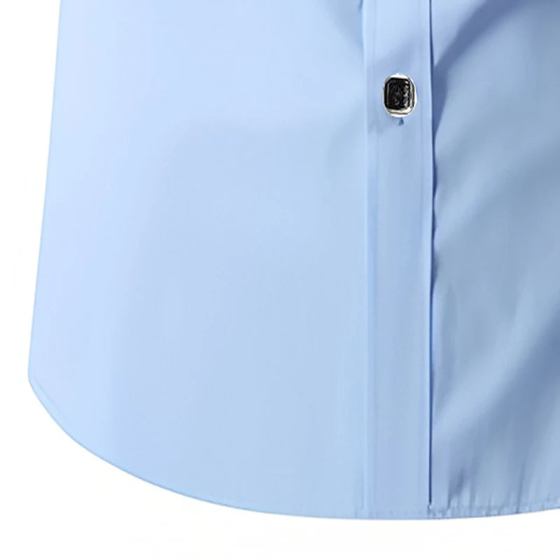 Herren Einfarbiges Blaues Hemd Langarm Slim Fit mit Schwarzen Knöpfen Knitterfreier Stretch-Stoff für Business, Hochzeit & Alltag