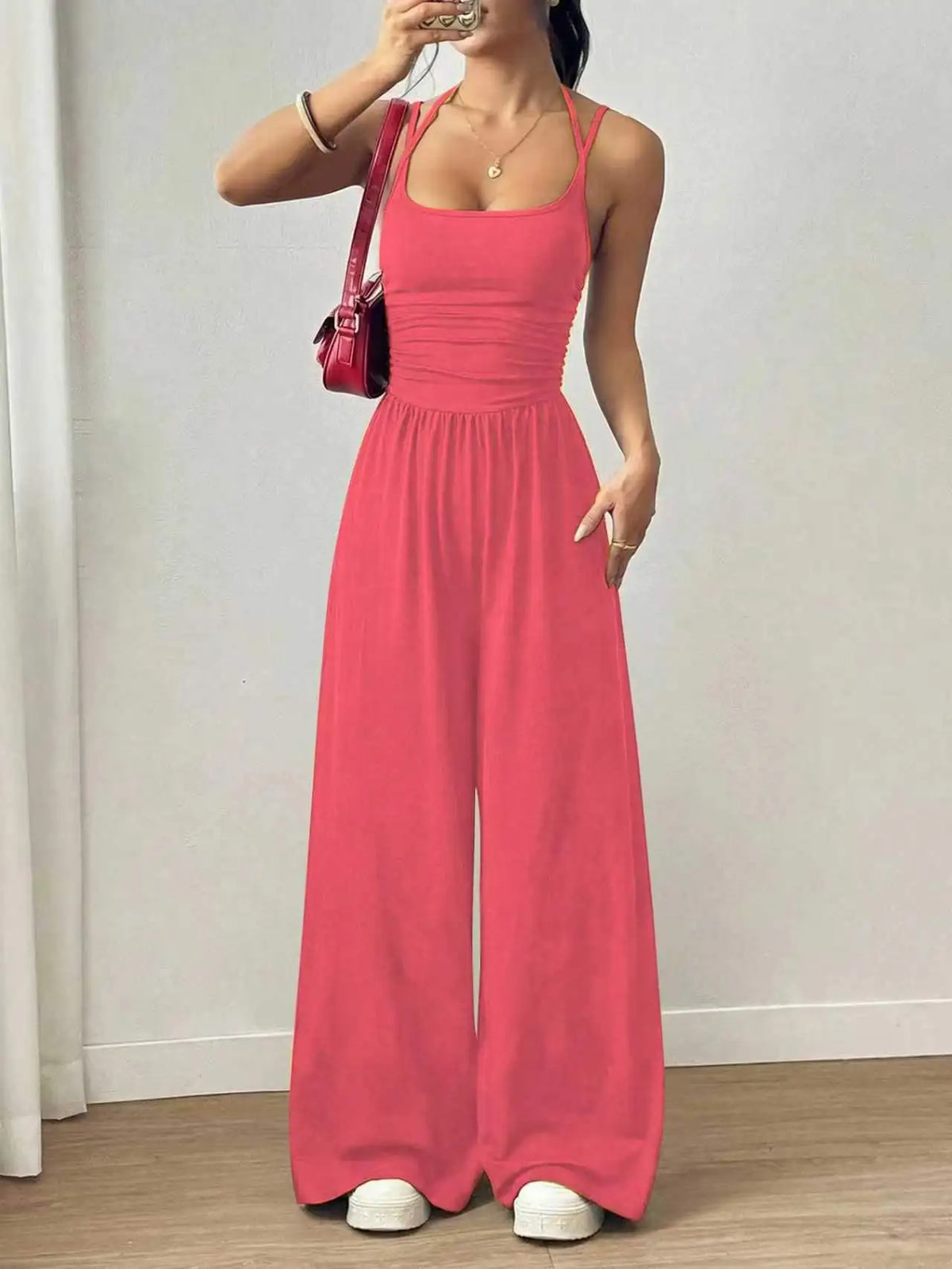 Damen Sommer Schwarz Lässiger Plissierter Lockerer Gerader Jumpsuit Ärmellos Hohe Taille Rückenfreier Overall Einfacher Trägeroverall