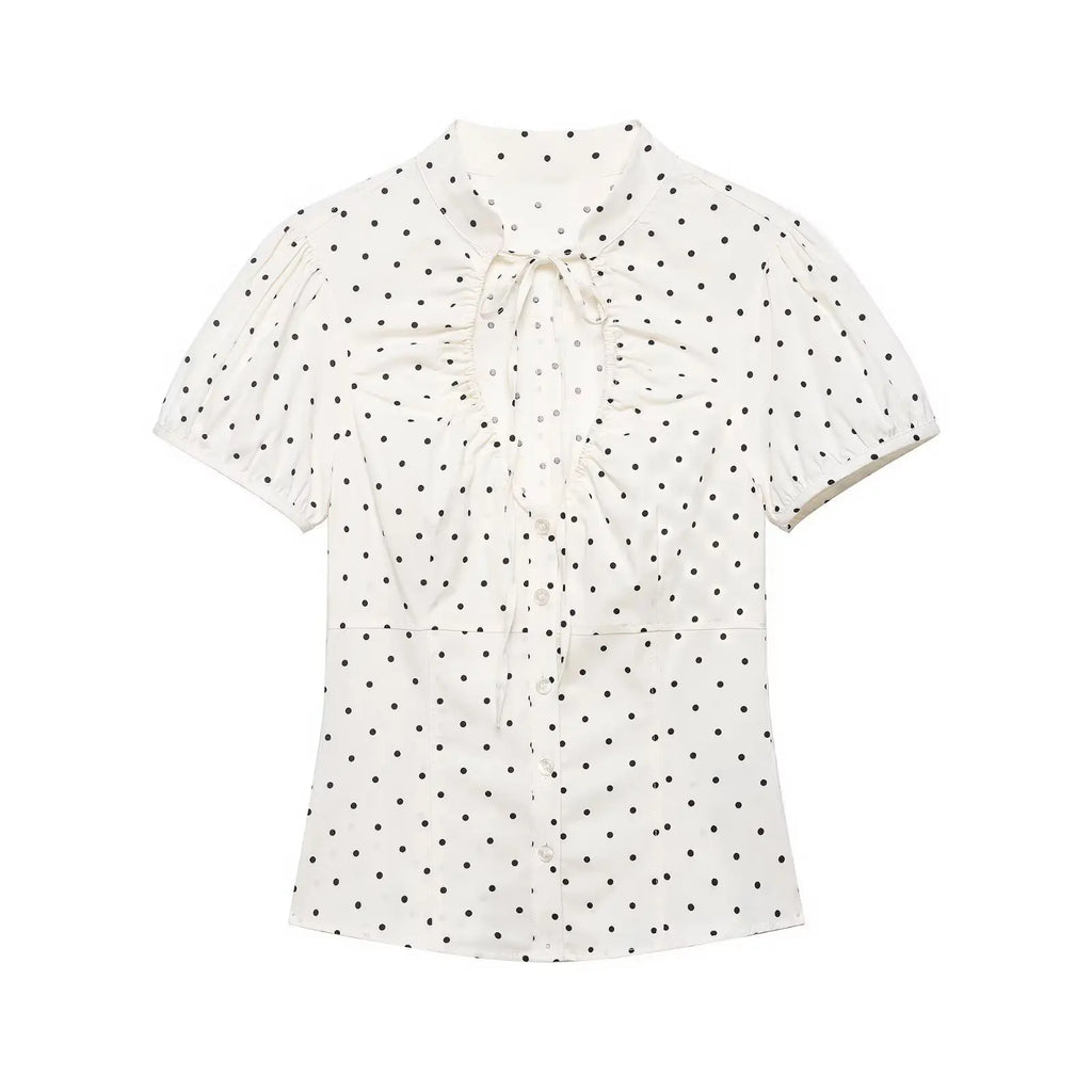 HH Damen Elegante Bluse mit Schleife und Schnürung Kurze Puffärmel Knopfleiste Sommer-Freizeithemd Gepunktetes Schickes Oberteil