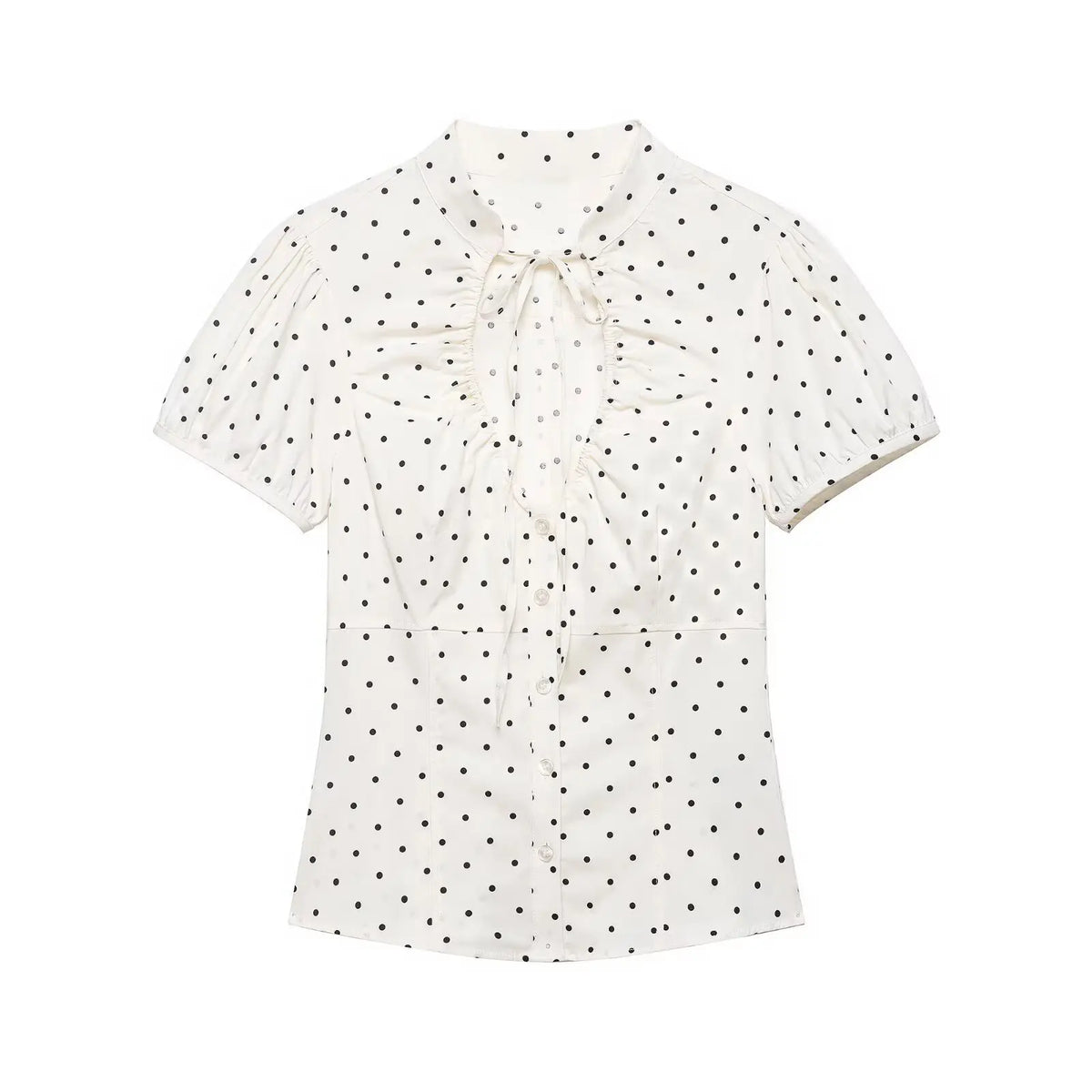 HH Damen Elegante Bluse mit Schleife und Schnürung Kurze Puffärmel Knopfleiste Sommer-Freizeithemd Gepunktetes Schickes Oberteil