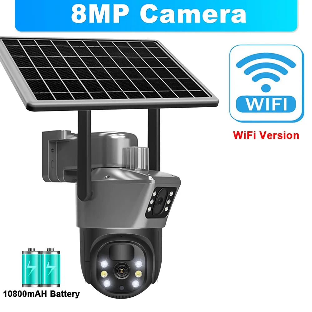 8MP 4K WiFi-Solarkamera, drahtlose Überwachungskamera für den Außenbereich, PIR-Personenerkennung, CCTV-Überwachungskameras, mit Solarpanel, PTZ-IP-Kamera mit zwei Objektiven, Sicherheitsschutz