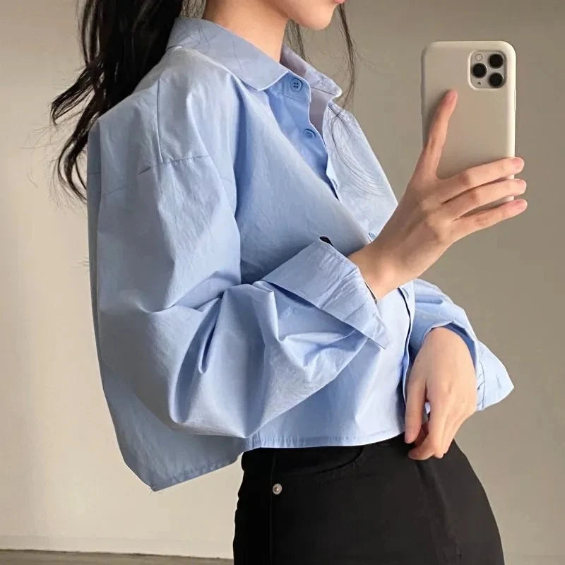 2026 Sommer Neue Damen Weiße Langarm-Bluse Lässiger Korea-Stil Einfarbig Knopfleiste Crop-Top Bluse für Partys