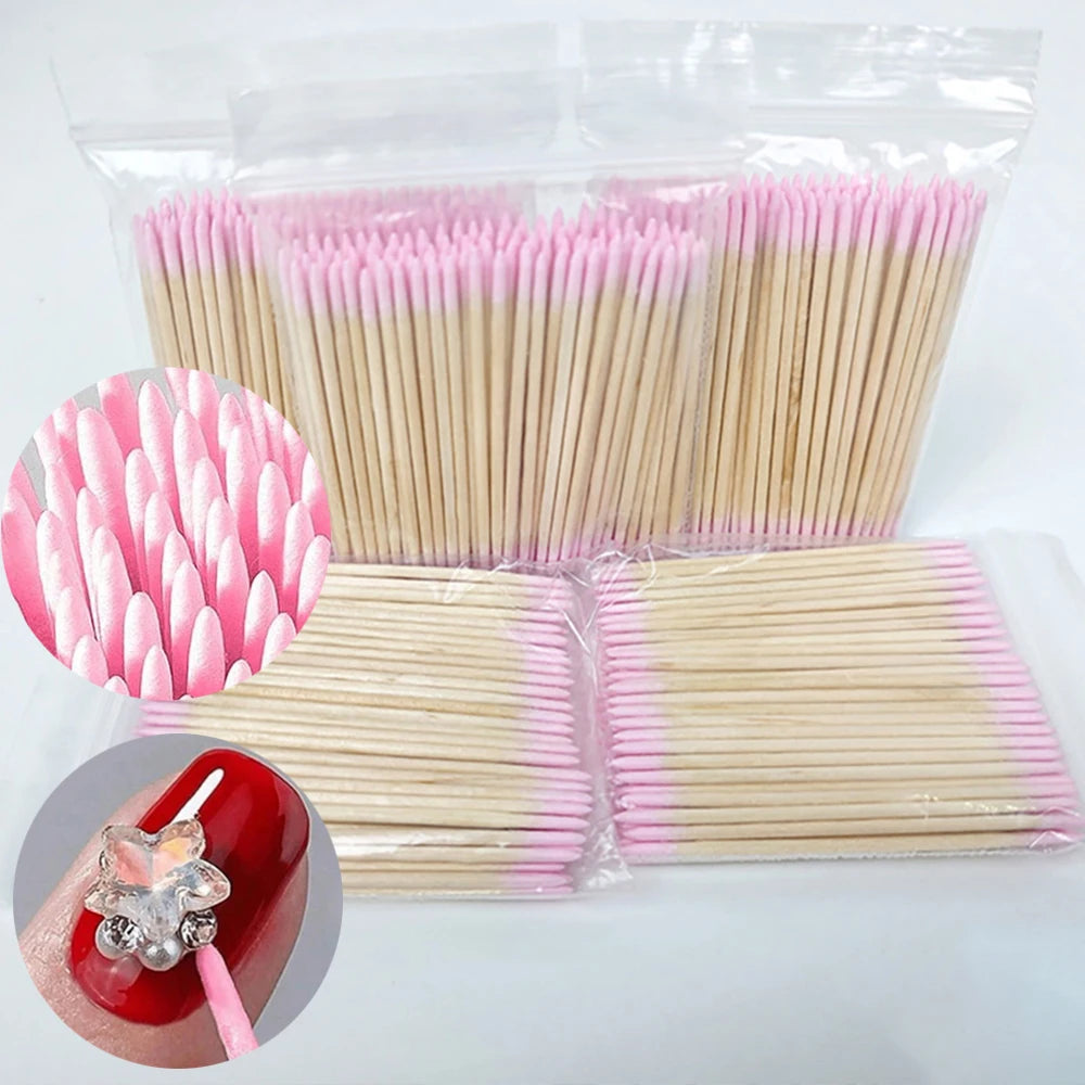 400 Stück rosa Doppelkopf-Nagelkunst-Nagelhautschieber-Entferner, 7 cm, orangefarbene Holzstäbchen, Wattestäbchen, sauberes Werkzeug für Nagel-Strass-Make-up