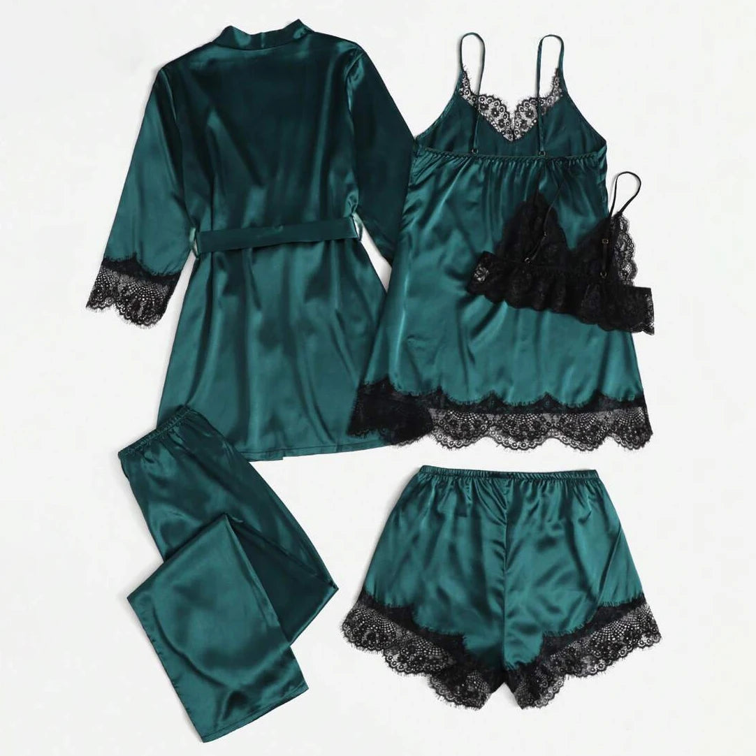 5-teiliges Damen-Nachtwäsche-Pyjama-Set aus Satin, Robe, sexy Dessous, Bademantel, Spitze, Seide, Nachtkleid, Hose, Heimkleidung, Nachtwäsche, PJ
