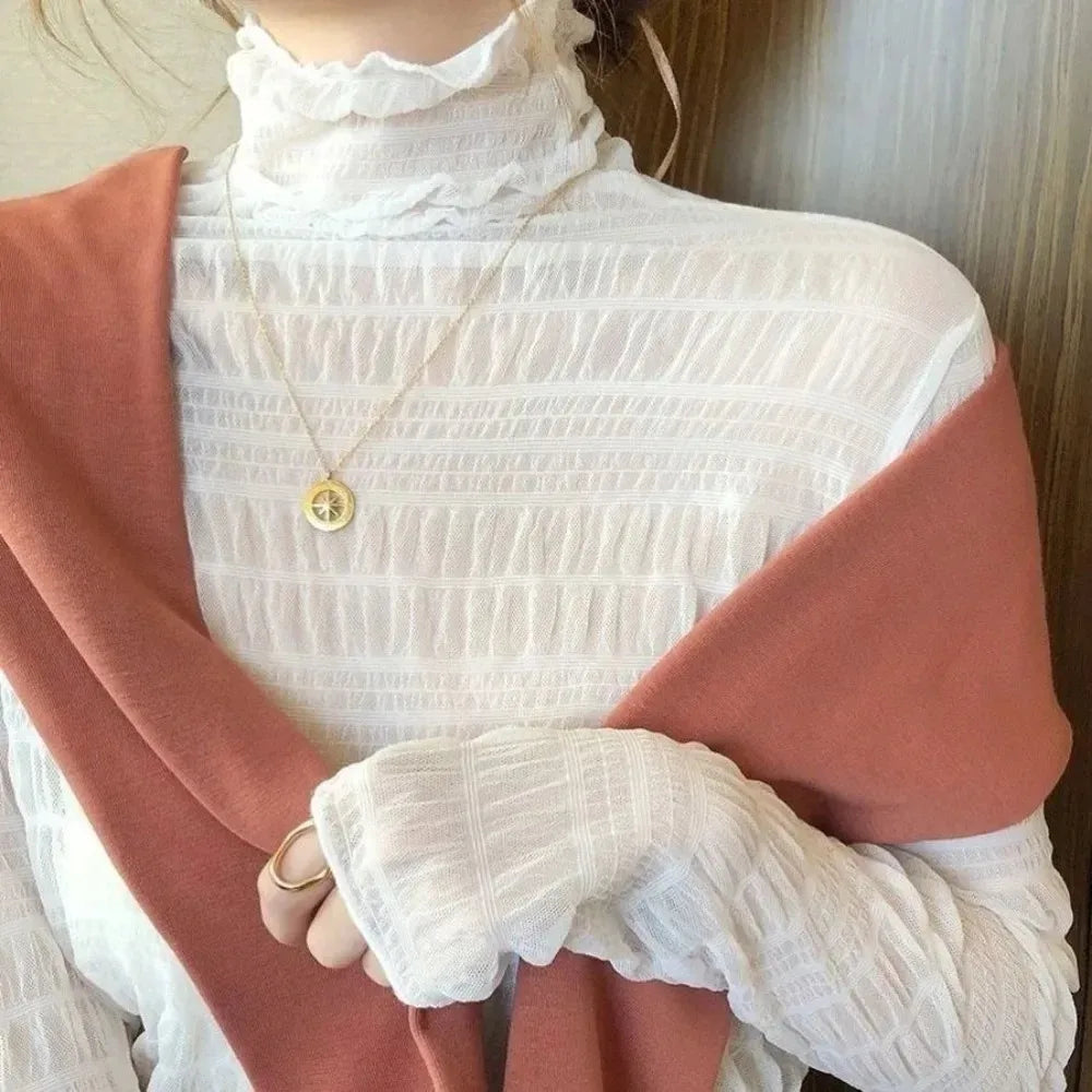 Elegante Damen-Bluse mit Hohem Kragen und Polka Dots, Mesh-Spitzenbesatz, Puffärmel, Schlanke Passform, Büro-Damenmode, Tägliche Oberteile