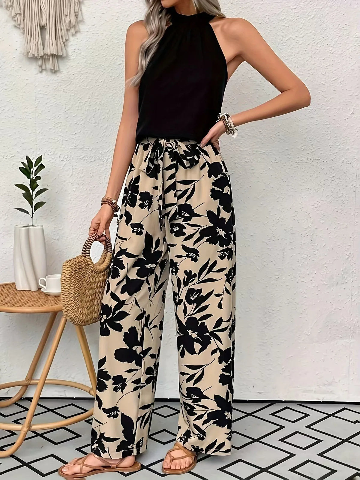 Damen-Hose mit großem Blumenmuster, weitem Bein, elastischem Kordelzug, hoher Taille, lockerer Passform, in voller Länge, lässige Sommer-Strand-Palazzo-Hose