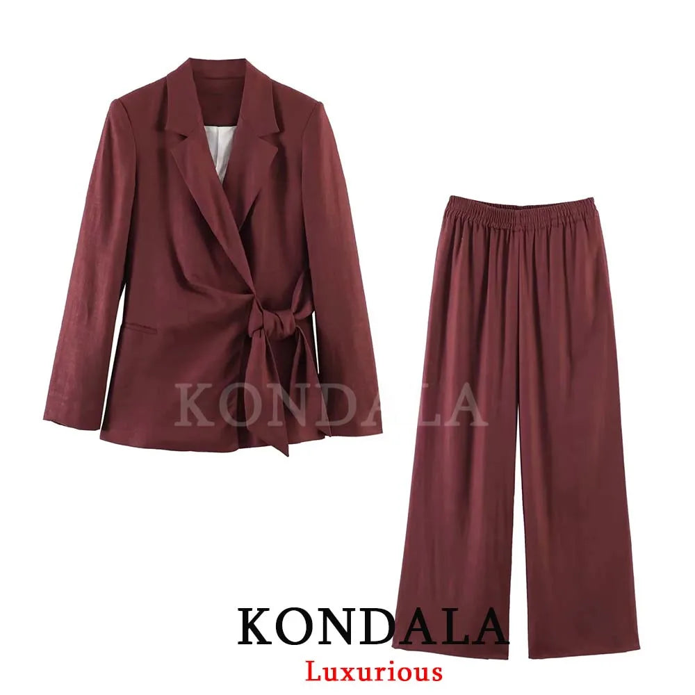 KONDALA Vintage Bürodamen-Anzug mit V-Ausschnitt, Langen Ärmeln, Gürtel-Blazer und Weiter Hose, Modisches Elegantes Damen-Set für Frühling/Sommer 2026