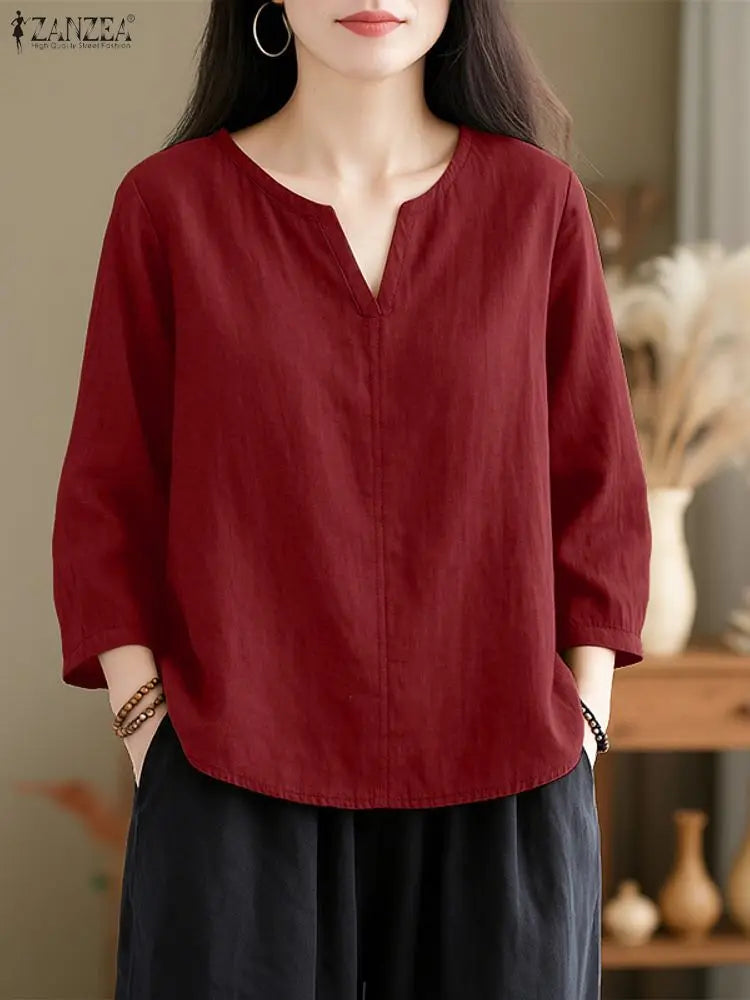 2025ZANZEA Herbst Bluse Frauen V-ausschnitt Langarm Tops Casual Solide Lose Hemd Weibliche OL Arbeit Blusen Retro Tunika Blusas Mujer
