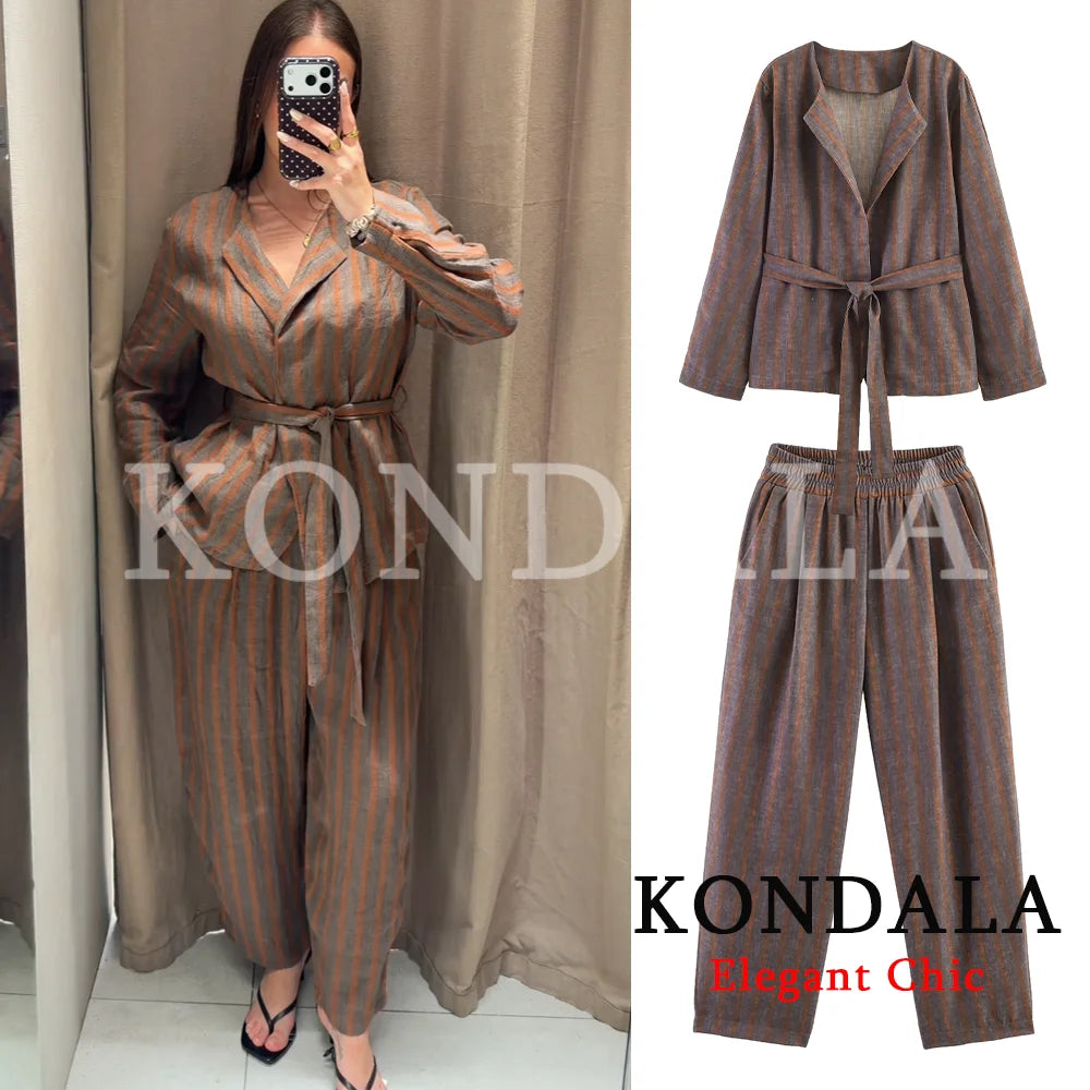 KONDALA Damen Streetwear Chic Gestreiftes Blazer-Set Gürtelblazer Elastische Taille Taschenhose Neue Mode 2026 Frühling Herbst Pendler-Set