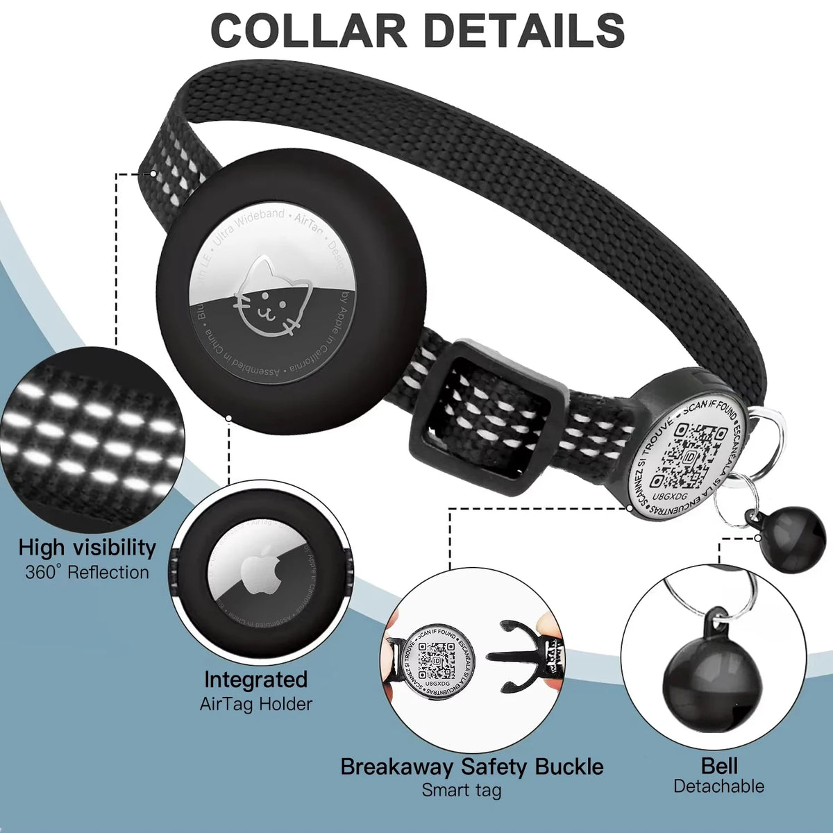 für AirTag GPS-Katzenhalsband mit QR-Tag, reflektierendes Apple-Tag-Haustierhalsband mit Air-Tag-Halter und Katzen-Tag, AIRTAG-Hülle, Kätzchenhalsband