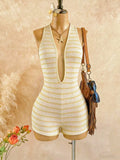 Damen Urlaubs-Jumpsuit in Gelb mit Streifen, Strukturiertem Wellenmuster, Tiefem V-Ausschnitt und Rückenausschnitt, Stilvoller und Figurbetonter Jumpsuit