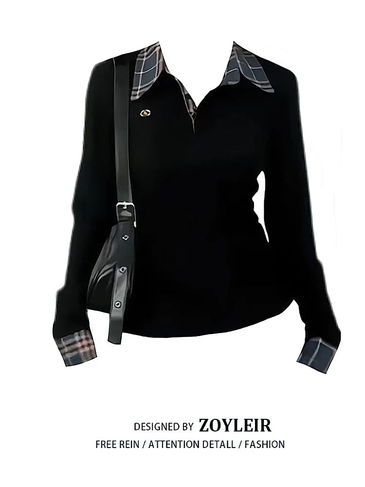 Preppy Polokragen Kariertes Langarm-Layered-T-Shirt für Damen, Fake Zweiteiler Basic Top mit V-Ausschnitt, Knopfbluse, Besticktes Oberteil