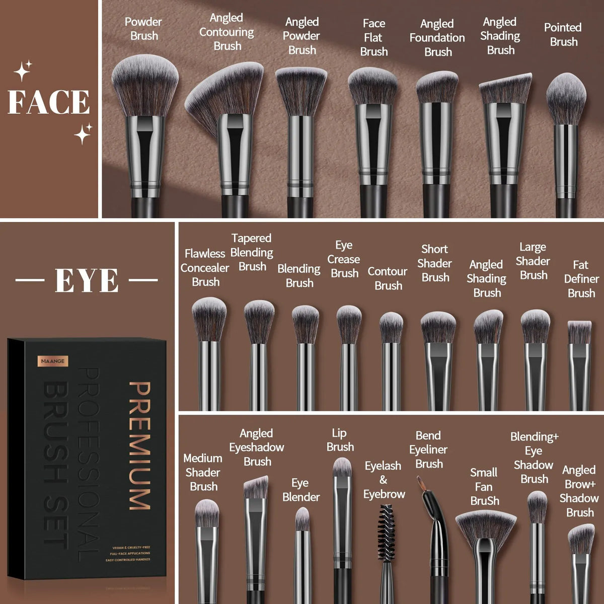 MAANGE Professionelle Geschenkbox, 25-teiliges Make-up-Pinsel-Set, Gesicht, Augen, Schönheitspinsel für Foundation, verdeckter Lidschatten, Konturpinsel
