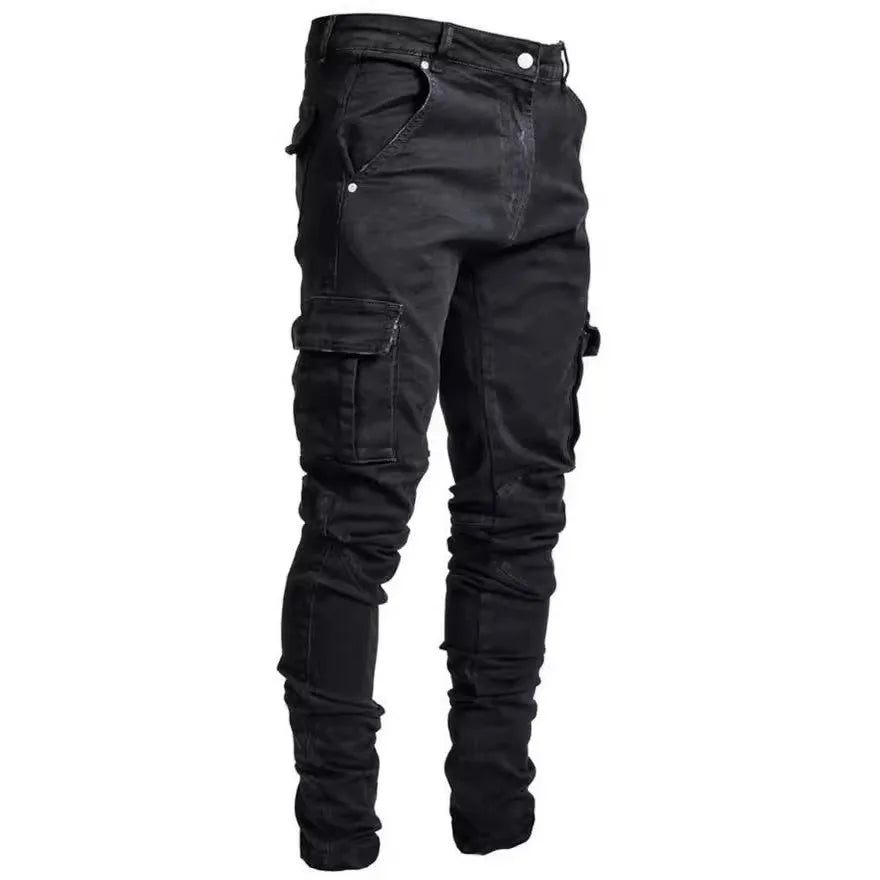 Stilvolle Flut Marke Männer Cargo Schmale Bein Denim Hosen Elastische Slim Fit Jeans Einfarbig Multi Taschen Beiläufige Dünne Männliche Hosen