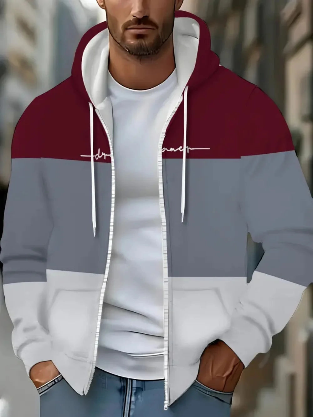 Lässiges, gestreiftes Herren-Sweatshirt mit Kapuze und durchgehendem Reißverschluss, Outdoor-Kleidung, glatte Kapuzentaschen mit Kordelzug, einfache gestreifte Sportbekleidung für Herren