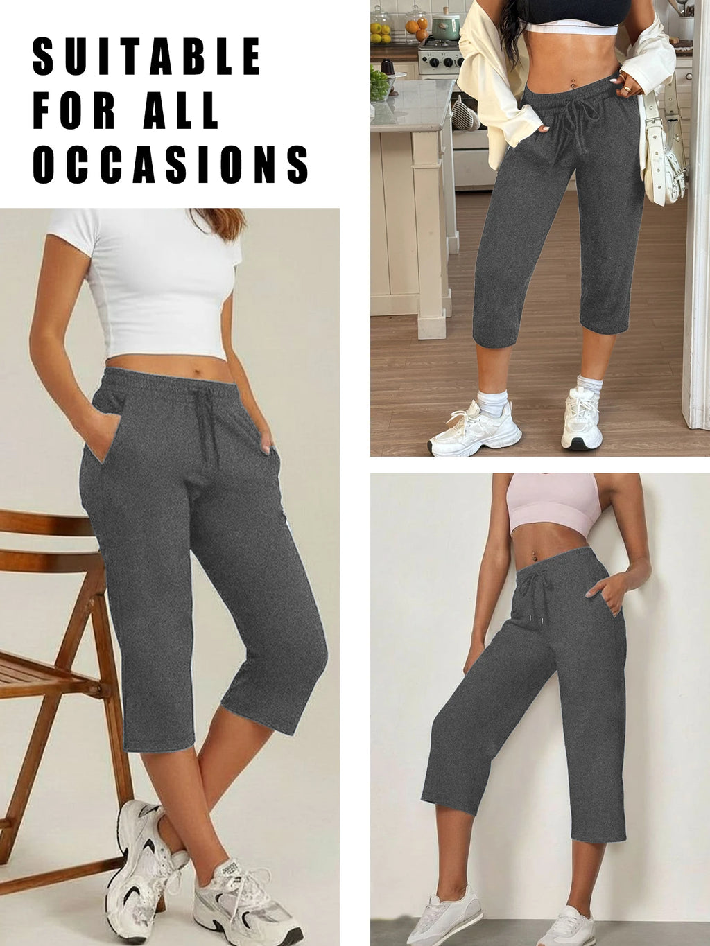 Damen Capri Yoga-Hose, locker geschnitten, weich, mit Kordelzug, Trainingshose, lässige Loungehose mit Taschen