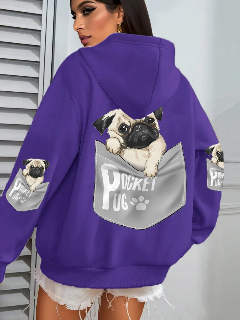 Tasche Mops Hoodies Frauen Cartoons hund Drucke Mit Kapuze Lose Taschen Sweatshirts Winter Fleece Warme Tops Straße Schwarz Frau Kleidung