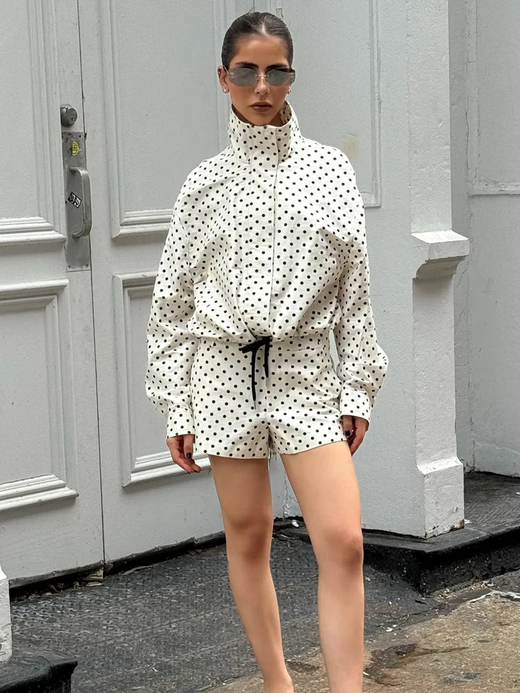 HH Elegante Damen-Shorts-Sets mit Polka Dot-Jacken, 2025, Stehkragen, Kordelzug, Jacke + Shorts mit hoher Taille, Damen-Straßen-Outfits