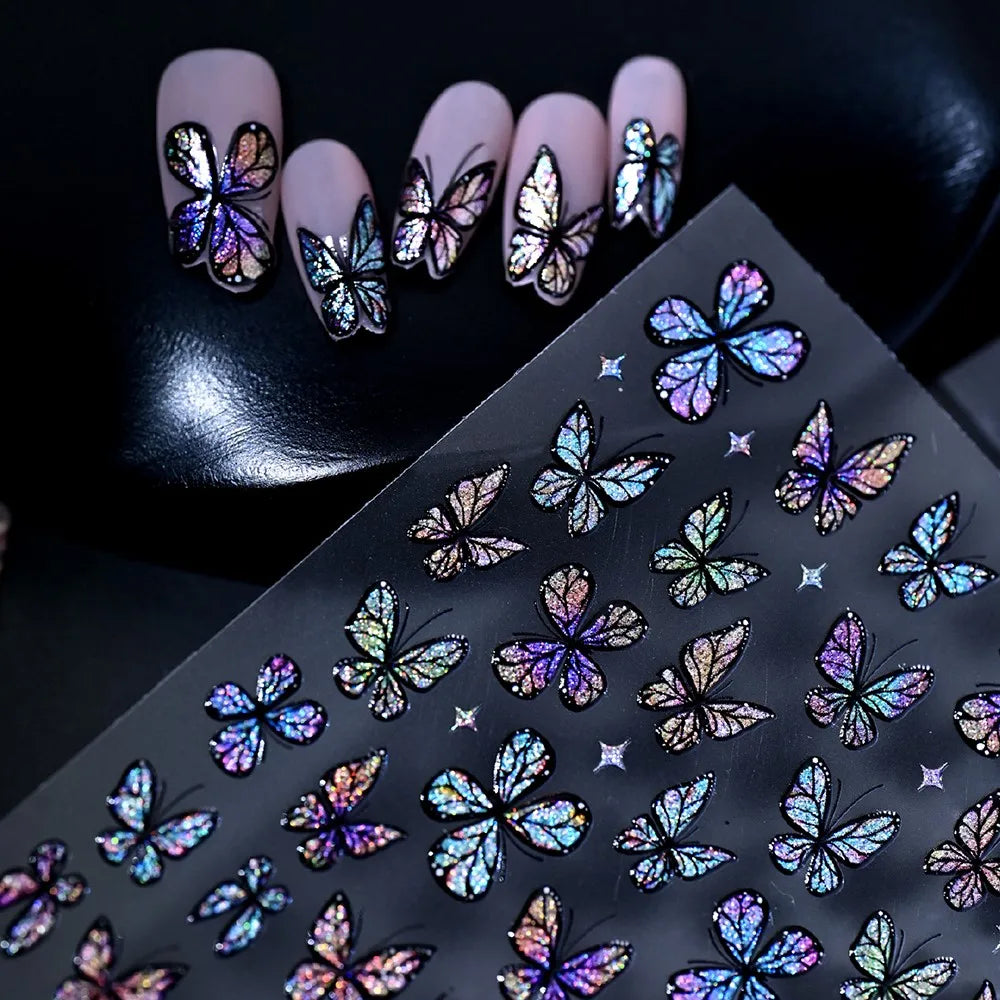 5D Glänzende Schillernde Glitzer-Schmetterling Nagelaufkleber Holographische Katzenauge-Schmetterlinge Nagelsticker Selbstklebende Nageldekoration*1Stk