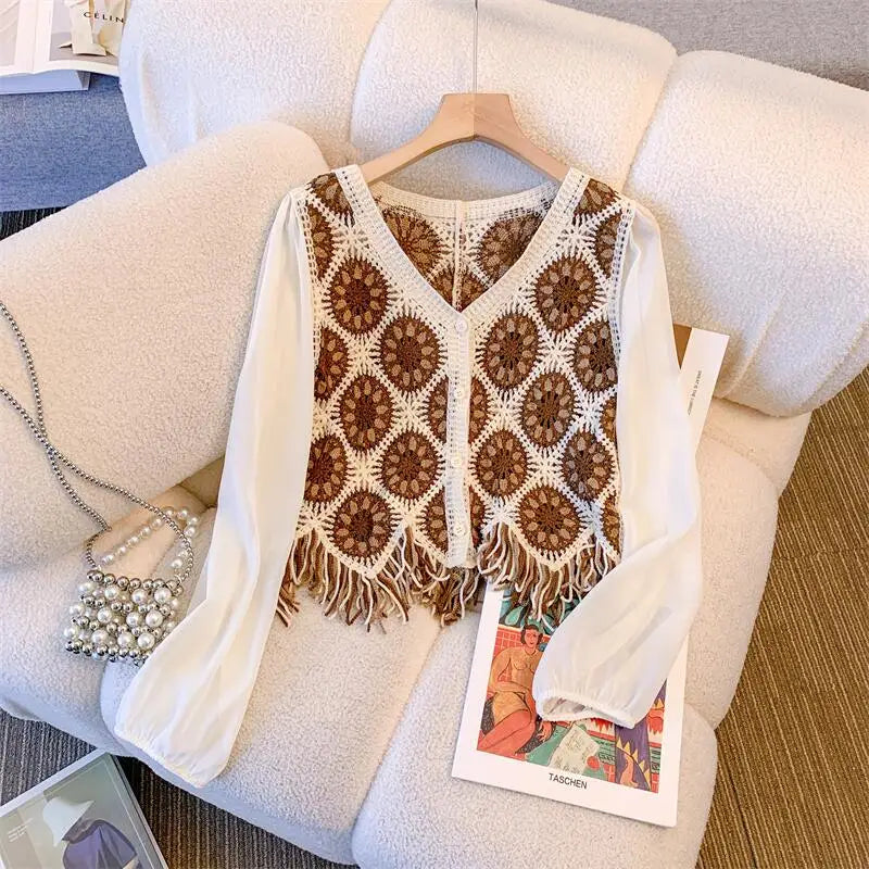 2026 Sommer Langarm Vintage National Trend Damenbekleidung Ausgehöhlte Spitze Patchwork Chiffon Hemden Damen Blusen Großhandel