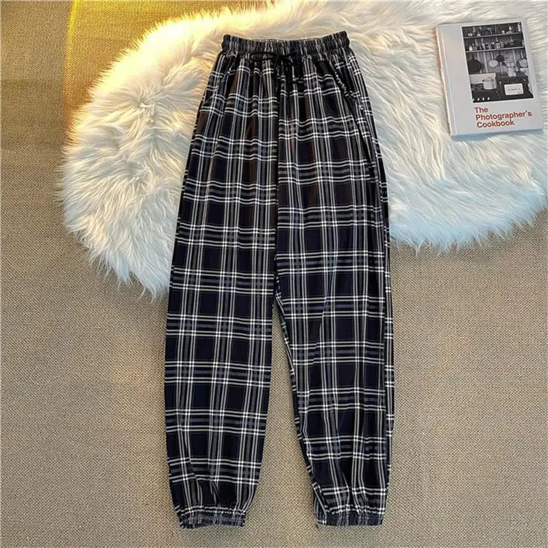 Casual Hosen für Frauen Koreanische Neue Mode Lose Schwarz Plaid Sommer Harajuku Studenten Harem Lange Hosen Streetwear Hosen Chic