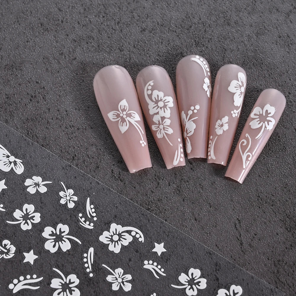 1 Stück 3D weiße Hibiskusblüten-Nagelkunst-Aufkleber, 8 Farben, hohle Blütenblätter, Blumen-Nagelaufkleber, exquisiter Gold-/Silber-/Schwarz-Blumenschieber