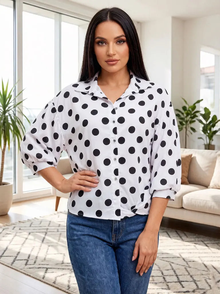 Damen Übergröße Vintage Polka Dot Bluse Schwarz und Weiß Langarm Revers Lose Knopfleiste Hemd Lässiges Elegantes Oberteil