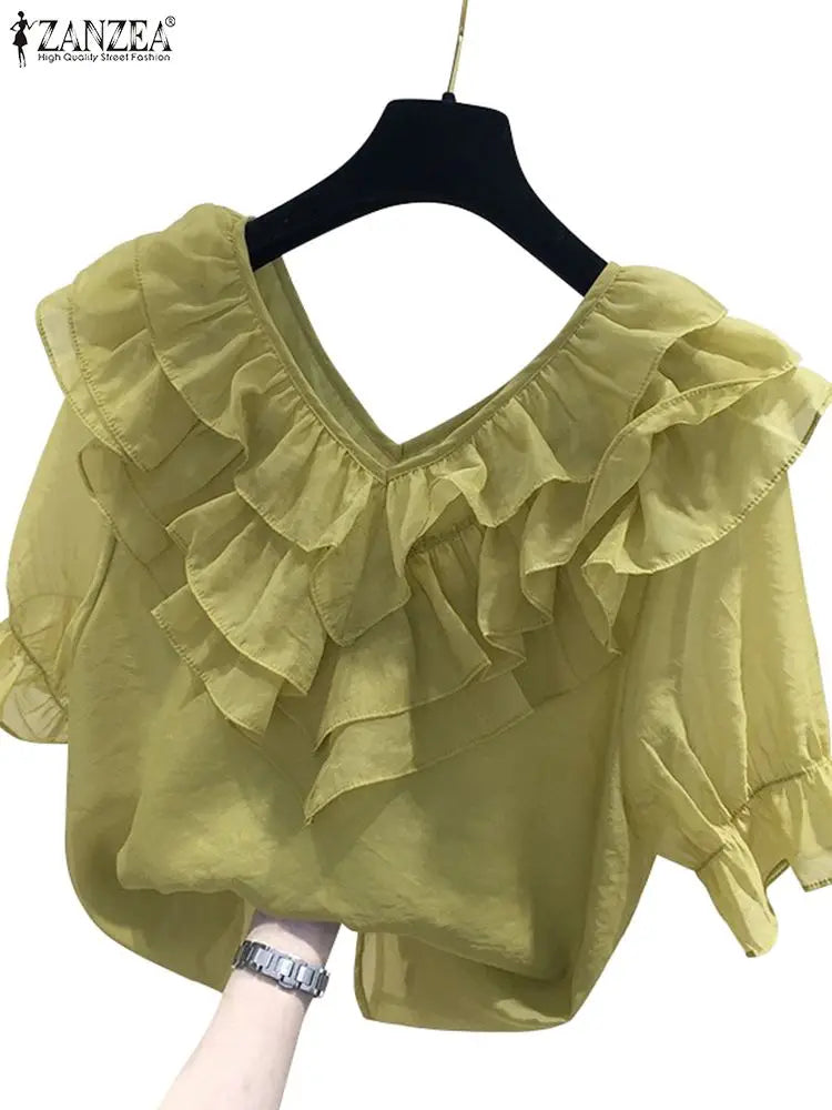 ZANZEA Frauen Feste Rüschen Bluse Vintage 3/4 Ärmel V-ausschnitt Chemise 2024 Sommer Büro Chiffon Shirts Casual Lose Nähte Tops