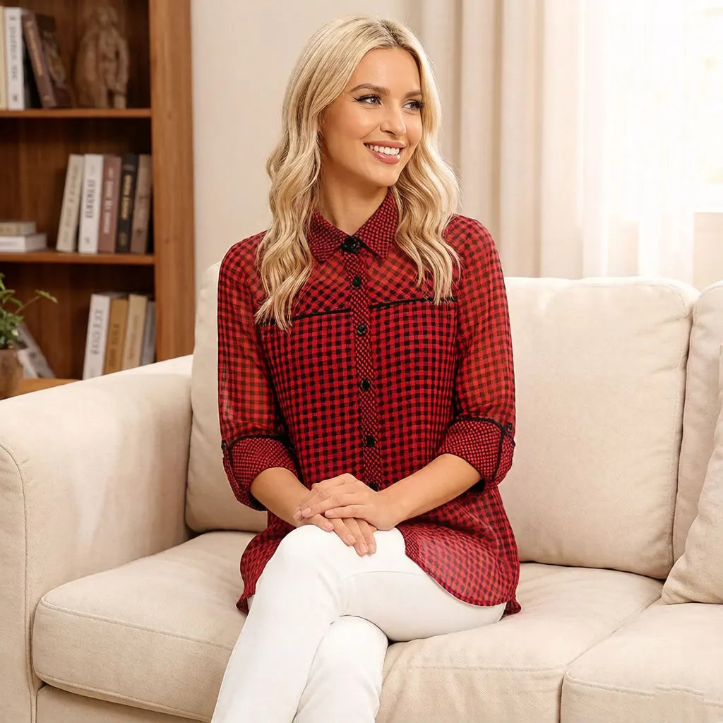 Damen Bluse mit rotem und schwarzem Karomuster, Vichy-Gingham-Mesh-Splicing-Hemd, langärmliges Chiffon-Oberteil mit kontrastierendem Besatz, lockere Passform, lässig, Sommer