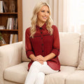 Damen Bluse mit rotem und schwarzem Karomuster, Vichy-Gingham-Mesh-Splicing-Hemd, langärmliges Chiffon-Oberteil mit kontrastierendem Besatz, lockere Passform, lässig, Sommer