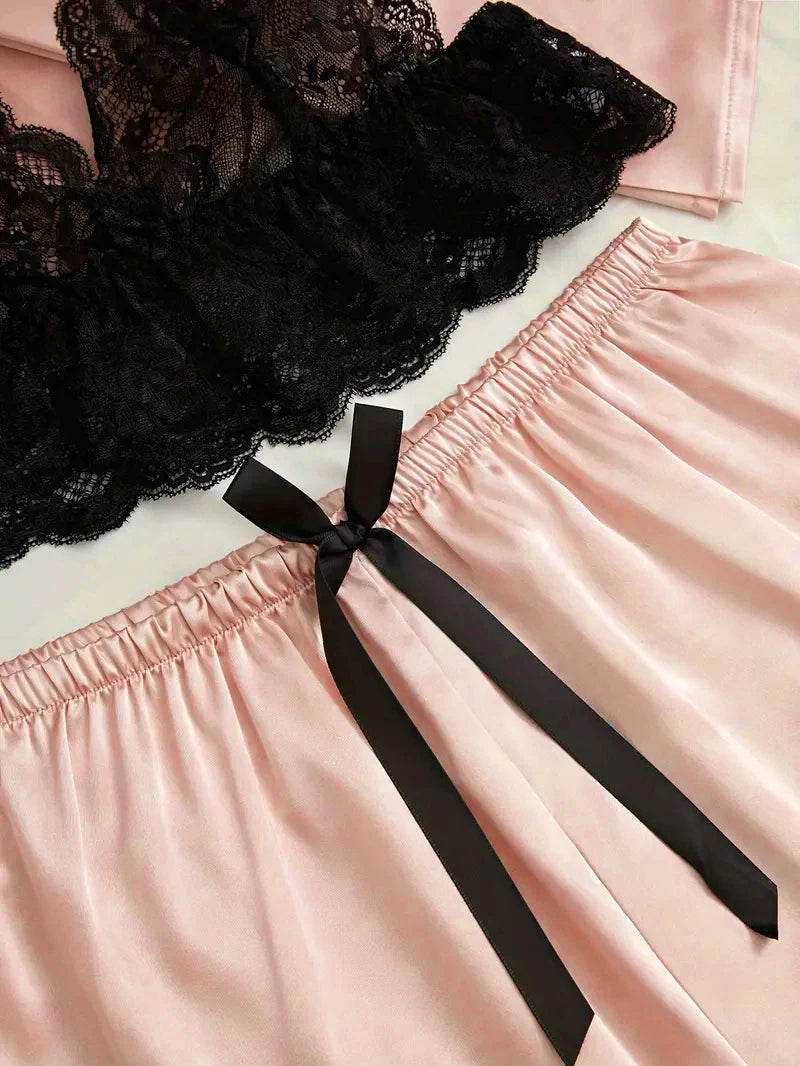 Damen Satin Nachtwäsche Pyjama Set Rosa Sexy Dessous Bademantel Spitze Patchwork Seide Nachtkleid Hose Home Bekleidet Nachtwäsche