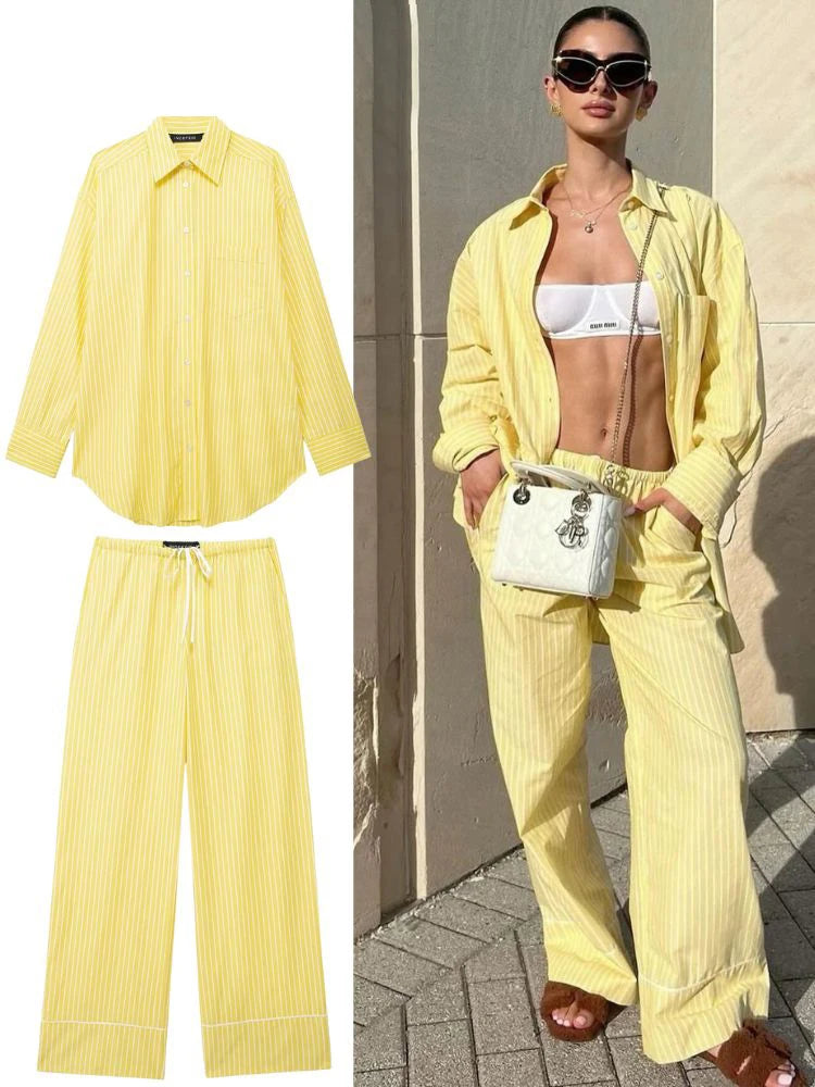 HH Damen 2-teiliges Set, gestreiftes Revers, einreihige Tasche, verziert lockeres Hemd + elegante elastische Taille, lässige Hose mit hoher Taille