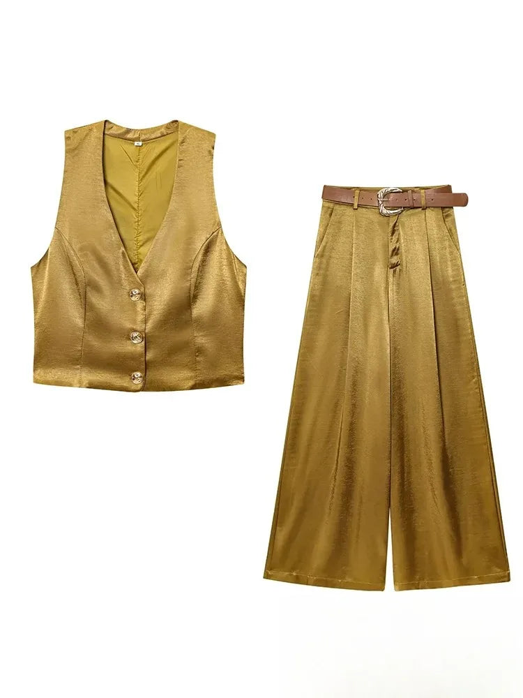 KONDALA Casual Chic Gelb Satin Frauen Anzüge V-ausschnitt Tasten Weste Hohe Taille Breite Bein Hosen Mode 2025, Sommer Urlaub Anzüge