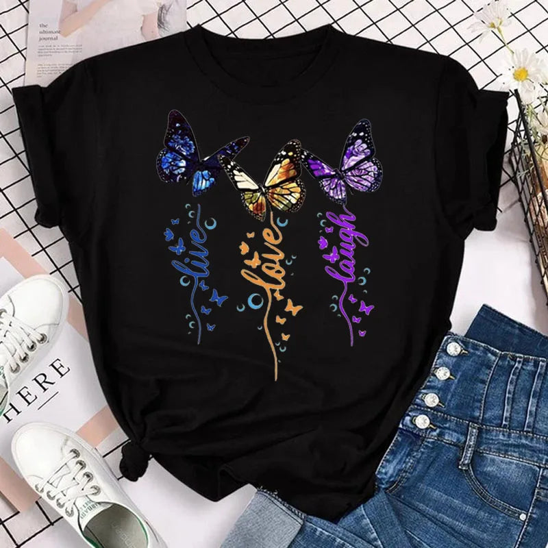 Neue blaue Schmetterling Blumen gedruckt T-Shirt Frauen Sommer lässig Kurzarm O-Ausschnitt Tops 90er Jahre Mode Grafik weibliche Tops T-Shirts