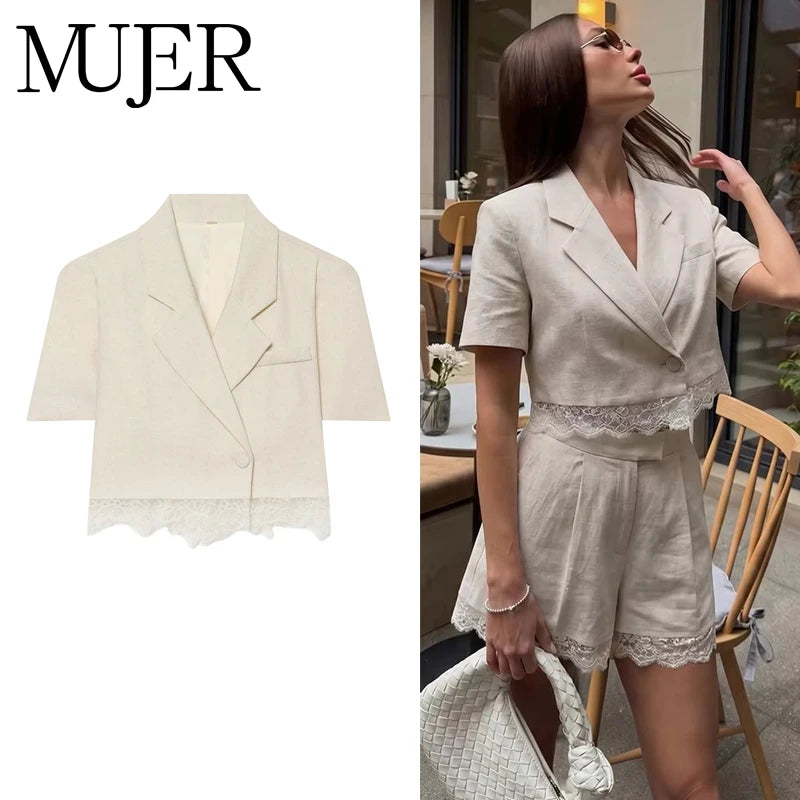 MUJER Spitzen-Damenblazer Anzug Kurzarm Casual Blazer Damen Sommer Crop-Blazer Damen Streetwear Mäntel Sets Damen 2-teilig