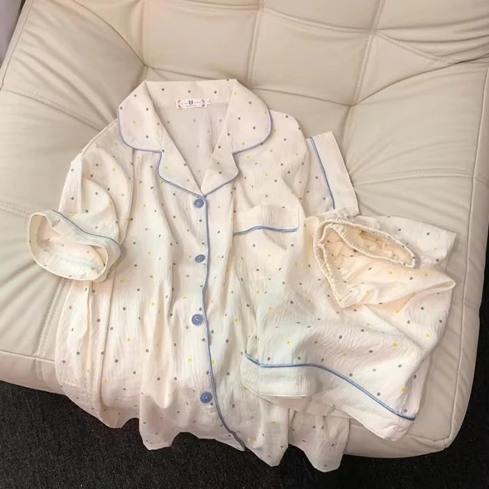 Damen-Pyjama-Set aus bedruckter Baumwolle mit Punktemuster, kurzärmeliges Oberteil und Shorts, 2-teiliges Set, lässiges und bequemes Heimset, süß