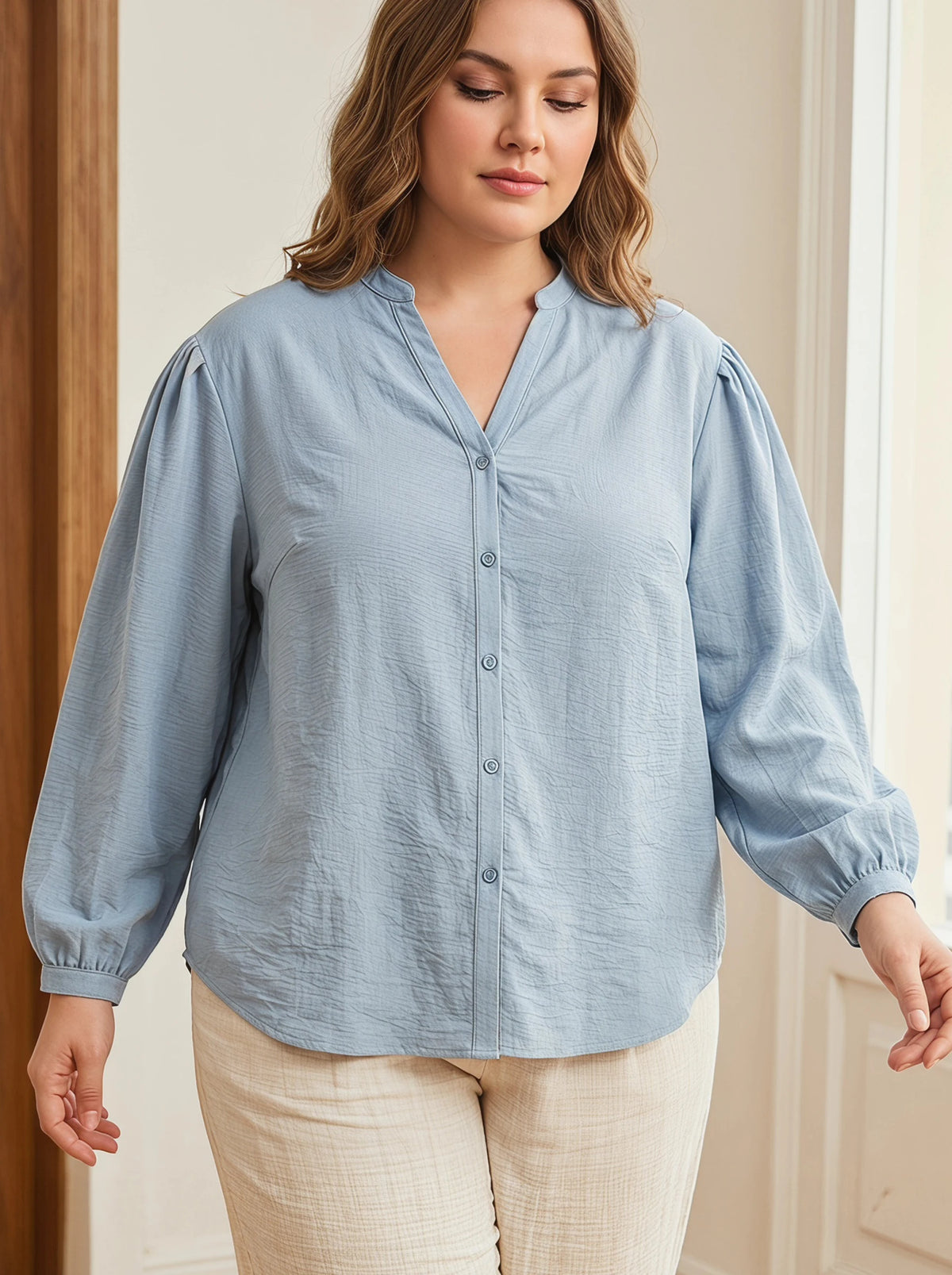 Rosa fera Plus Size Damen-Freizeitbluse mit V-Ausschnitt, langen Puffärmeln und lockerem Knopfverschluss