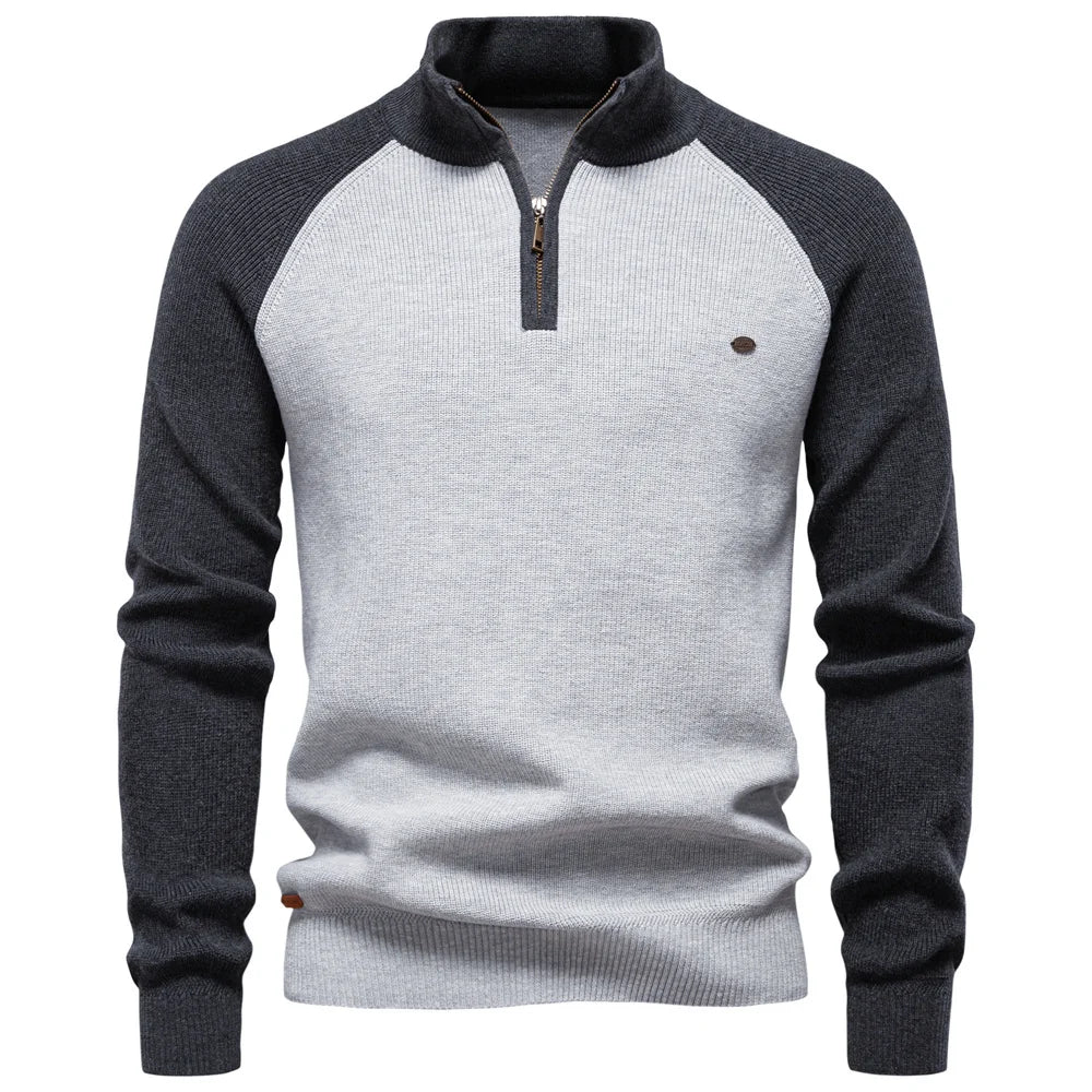 AIOPESON Herren-Pullover aus Baumwolle mit Stehkragen, Stehkragen, Viertelreißverschluss, warm, lässig, Herbst und Winter, sozialer Pullover