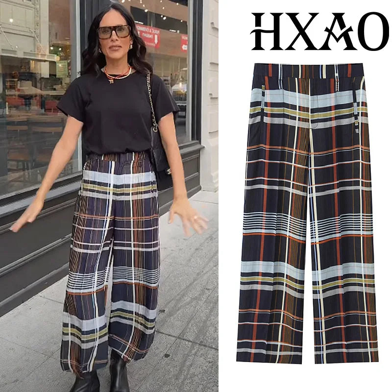 HXAO Karierte Damenhose, Baggy, weite Hose für Damen, Herbst, minimalistisch, lange Freizeithose, Damen, mittlere Taille, karierte Hose