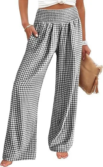 2025, Frühling und Herbst, neue Freizeithose, kariert, locker, grenzüberschreitend, Damenmode, lässig, elastische Taille, weites Bein