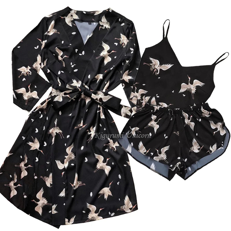 Lavendel Print Damen Sommer sexy Pyjama hose Set 3 Stück Satin mit Seide Nachtwäsche Robe Mode und bequeme Nachtwäsche