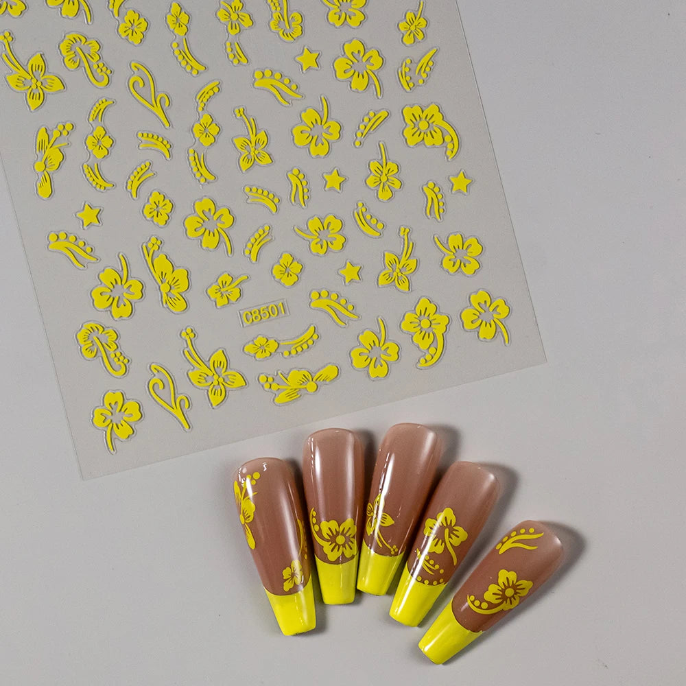 1/4/8 Stück 3D Hibiskus-Blumen Nagelaufkleber in Gemischten Farben Weiß Schwarz Rot Rosa Gold Silber Blühende Blütenblätter Selbstklebende Abziehbilder für Nägel