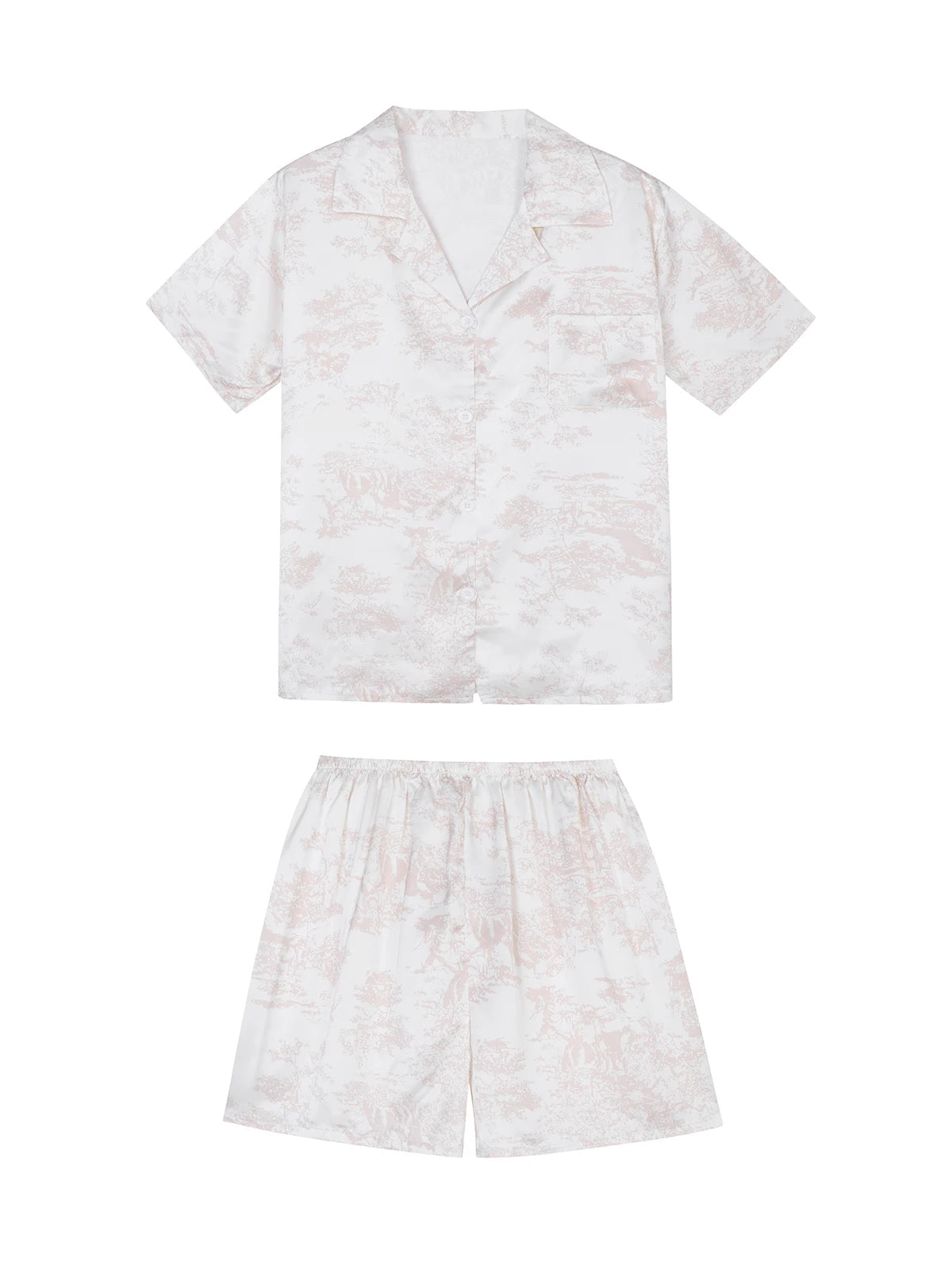 2-teiliges Damen-Pyjama-Set mit süßem Aufdruck, kurzen Ärmeln, Knopfleiste und Shorts, rosa Nachtwäsche, weiche, bequeme Homewear, lässige Loungewear-Pyjama-Set