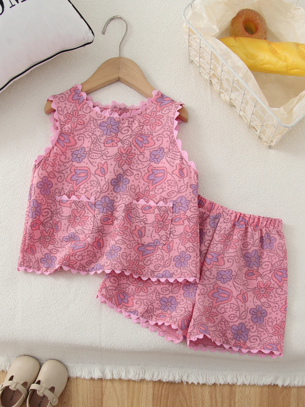 Sommer-Mädchenanzüge, modische Weste mit Blumen- und Polka-Dot-Print und Tasche + Shorts, 2-teiliges Set, niedliche Kinderkleidungssets